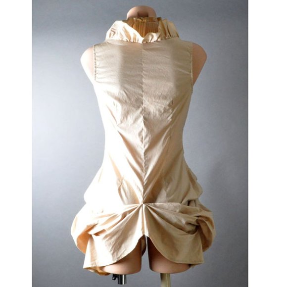 Khaki Beige Steampunk Gothic Tailcoat Evening Ruffle Top Womens Sleeveless Shirt - Picture 7 of 10